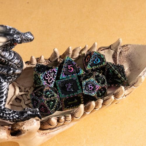 UDIXI Metal Dice Set D&D, Rainbow Metal DND Dice Set for RPG Tabletop Games | 7-Pieces, Dragon Carved, Chain-edge Design, Metal Gift Box, DM Gift, for Dungeons and Dragons Role Playing Games - color: Chain Frame-colorful Black