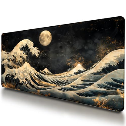 VNDL Large Japanese Black and Gold Gaming Mouse Pad, Sea Waves, Premium Non-Slip Anime Desk Pad for Office, Extended XL XXL Mouse Mat and Laptop Pad, Waterproof and Stiched Edges 31.5 x 15.7 in (wg1) - color: wg1