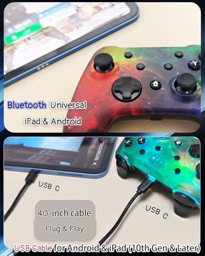 Wzuiсov Game Controller for Switch 1&2, iOS, Android, PC, TV, Tesla - Bluetooth & USB-C Wired Gamepad with Adjustable Star Lights, Phone Holder & USB Adapter - color: Red&Blue