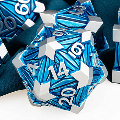 ARUOHHA DND Metal Dice Set Crystal Shards Dice with Gift Box, 7PCS Silver Blue Polyhedral Dice RPG Role Playing Game Handmade 6 Sided D and D Dice Set D20 D12 D10 D8 D6 D4 - color: Silver Blue