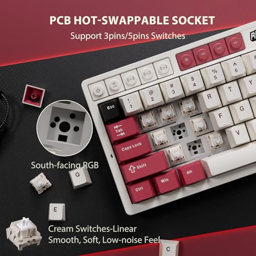 RK ROYAL KLUDGE M65 Wireless Mechanical Keyboard with Volume Knob, 60% Tri-Mode Gaming Keyboard 2.4G/BT/USB-C, Gasket Mount, Battery Display, PBT Keycaps, Hot-Swappable Cream Switch, White - color: red, size: cream switch