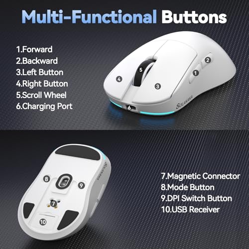 SOLAKAKA SM822 Wireless Gaming Mouse with Charging Dock, Tri-Mode Wireless Mouse, PAW3311 Optical Sensor, Up to 24,000DPI, 62g Lightweight Mouse with 5 programmable Buttons, for PC, Laptop (White) - color: White