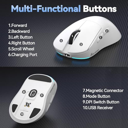SOLAKAKA SM822 Wireless Gaming Mouse with Charging Dock, Tri-Mode Wireless Mouse, PAW3311 Optical Sensor, Up to 24,000DPI, 62g Lightweight Mouse with 5 programmable Buttons, for PC, Laptop (White) - color: White