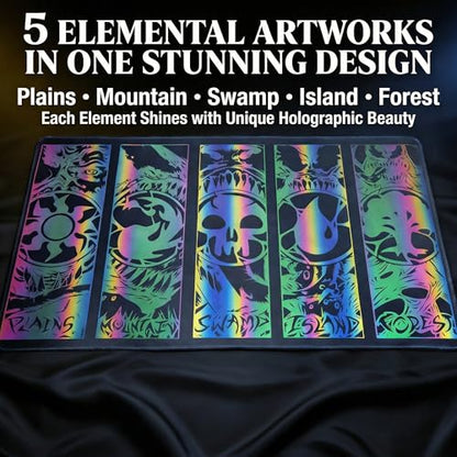 Holographic TCG Playmat for MTG with Waterproof Oxford Bag, Premium Trading Card Game Mat with Stitched Edges, Iridescent Elemental Game Pad, Anti-Slip Rubber Base (Basicland) - color: Basicland