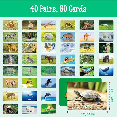 Hebayy Wild Animal Matching Game, 80 PCS Realistic Animal Memory Matching Cards for Toddlers 40 Pairs Real Animal Memory Cards Educational Toys for Preschool Boys & Girls 4 5 6 Years Old - style: Animal
