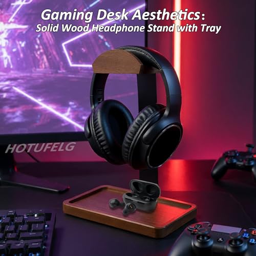 2-in-1 Wood Universal Headphone Stand With Storage Tray And Wood Arc Top | Curved Support Helps Distribute Headband Weight, Storage Base Keeps Keys, Earbuds, And Desk Accessories Within Reach