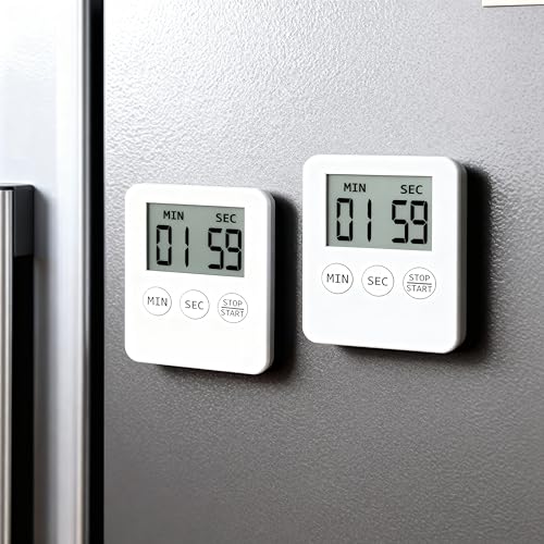 Attom Tech 2 Pack Slim Digital Kitchen Timer Magnetic Countdown for Cooking | Large Display With Loud Alarm, Count Up Stopwatch For Egg Timer Baking Classroom Gym, 99 Min, Easy To Use, White