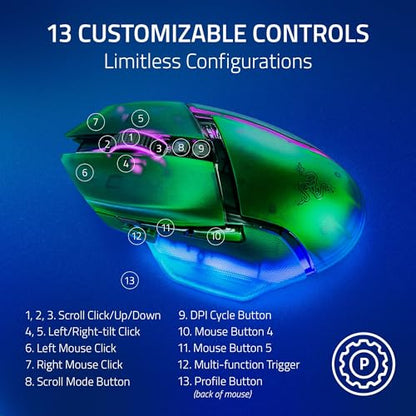 Razer Basilisk V3 Pro 35K Wireless Gaming Mouse, Phantom Green | HyperScroll Tilt Wheel, 35K DPI Optical Sensor Gen 2, 13 Customizable Controls, RGB, Optical Switches Gen 3, 140 Hr Battery - color: Phantom Green