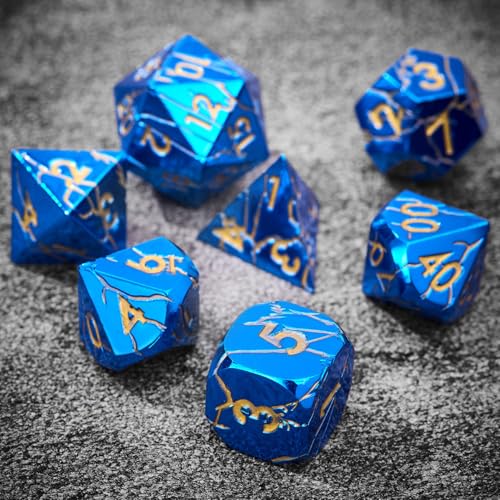 Metal Dice for DND - Ancient Cracked Lightning – Blue Gold Cracks | Beautiful 7pc Polyhedral Dice Set, Smooth Rolling, Role Playing Games (RPG), Compatible with D&D, for Dungeons and Dragons - color: Metal Blue Gold Lightning