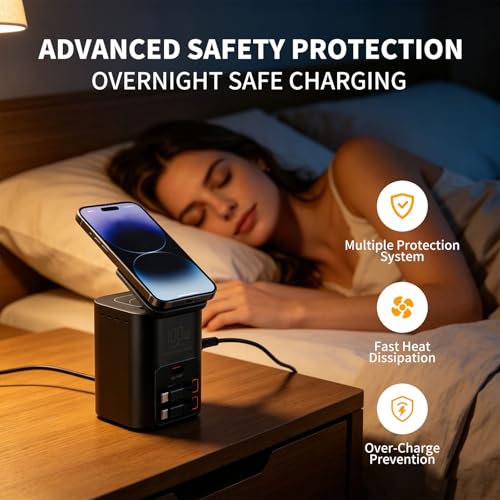 100W Multi-Function Desktop Charging Station, Wireless Charger with Dual 75cm Retractable USB-C Cables, USB-A QC3.0, Fast Charging for Laptops, Phones, Earbuds（I161C）