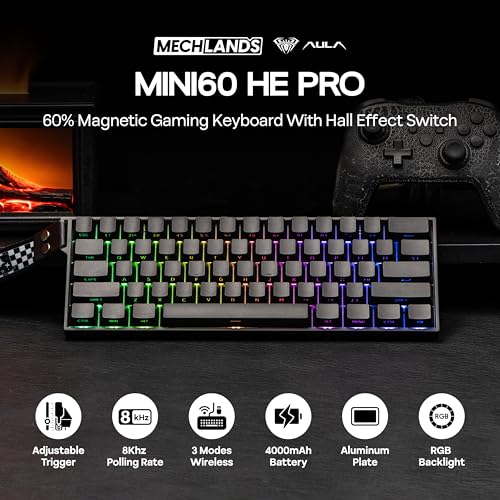 MechLands Aula Mini60 HE PRO Wireless Hall Effect Gaming Keyboard, 4000mAh | Magnetic Keyboard with 8K Polling, Fast Trigger, SOCD & DKS, Adjustable Actuation, RGB Backlit, Sound Dampening (Black) - color: Black