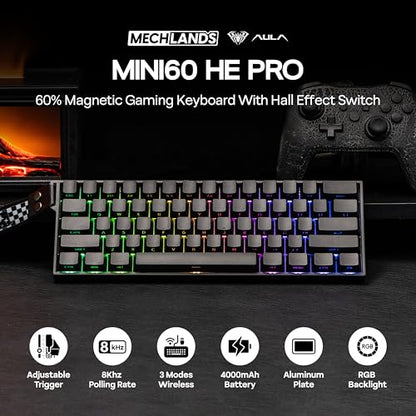 MechLands Aula Mini60 HE PRO Wireless Hall Effect Gaming Keyboard, 4000mAh | Magnetic Keyboard with 8K Polling, Fast Trigger, SOCD & DKS, Adjustable Actuation, RGB Backlit, Sound Dampening (Black) - color: Black