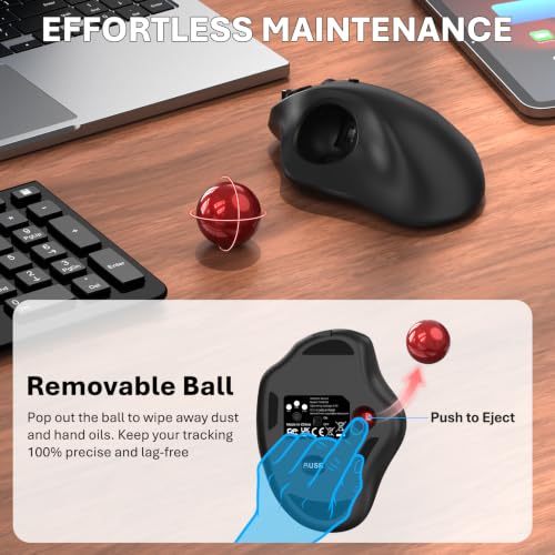 EDJO Ergonomic Wireless Trackball Mouse, 3-Device Bluetooth/2.4G, Red | 30° tilt, thumb control, 5 DPI levels 400-2400, up to 160h battery, Type-C rechargeable, stationary design, removable ball