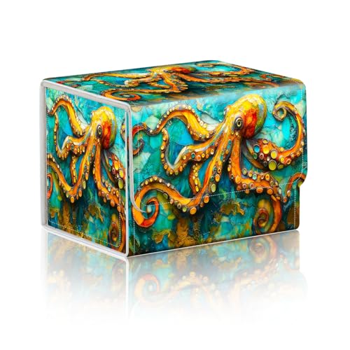 Trading Card Storage Box, Holds 100+ for MTG Cards, PU Leather with Magnetic Closure, Stained Glass Octopus Painting Durable Deck Box for Magic the Gathering, Trading Card Games - color: Stained Glass Octopus Painting