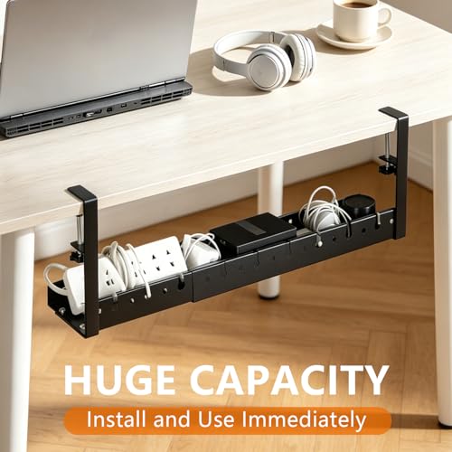 Under Desk Cable Management Tray, Expandable 25.2inch-38.6inch No Drill Clamp-On Wire Organizer, Heavy Duty Metal Cord Hider for Standing Desk Home Office, Black