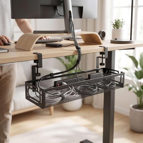 AUNMAS Under Desk Cable Management Tray Cord Organizer with Clamp for Home Office Standing Desk No Tools Needed Adjustable Mount Carbon Steel Mesh (L Black)