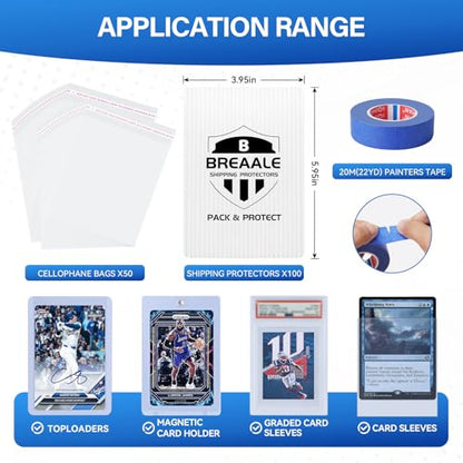 Trading Card Shipping Kit, Includes 100 4'' x 6'' Graded Card Shipping Protectors, 50 6'' x 8.7'' Envelope Bubble Mailers, 20M Painter’s Tape, 50 Cellophane Bags, PSA BGS CGC Slabs & Raw - color: 4'' x 6''