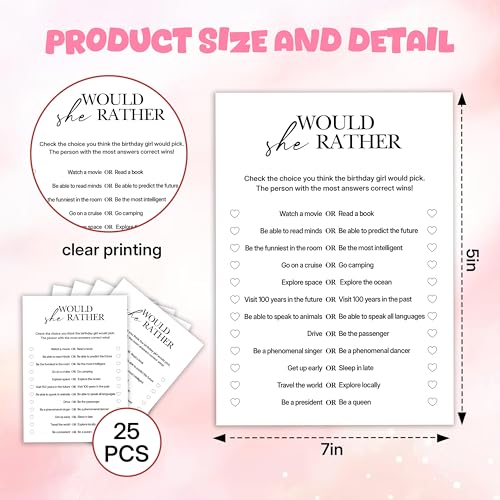 Birthday Party Games, Would She Rather, 25 Pcs Card Set for Guests, Fun Birthday Game for Teen Adults – A04 - color: Would She Rather
