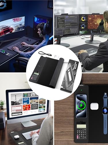 TopMade Mouse Pad with 15W Wireless Charging, Removable 8-Digit Solar Calculator, 31.5" x 15.75" XXL Large Desk Pad, Gaming Computer Keyboard Pad, Waterproof Mousepad Home Office Desk Mat, Black - color: Black-Calculator-31.5"x15.8"
