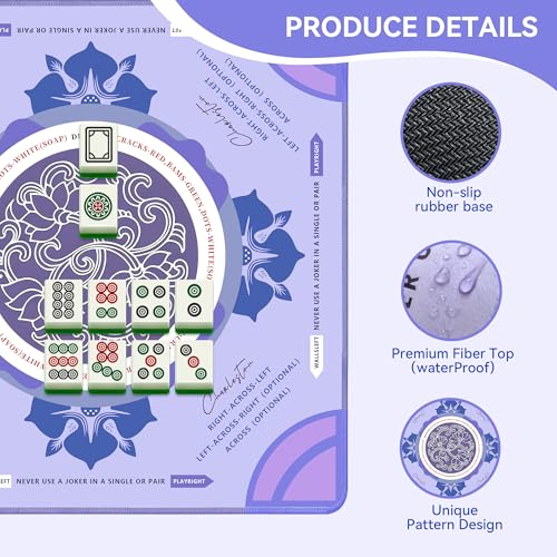 Mahjong Table Mat with Rules 31.5" x 31.5" Neoprene Rubber Square Purple Gaming Mat - Anti-Slip, Noise Reduction Durable & Easy to Clean for Mahjong Tiles, Poker, Dominoes & Board/Tile Games (Purple) - color: Purple