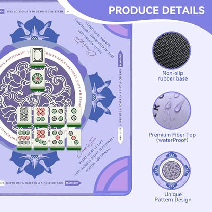 Mahjong Table Mat with Rules 31.5" x 31.5" Neoprene Rubber Square Purple Gaming Mat - Anti-Slip, Noise Reduction Durable & Easy to Clean for Mahjong Tiles, Poker, Dominoes & Board/Tile Games (Purple) - color: Purple