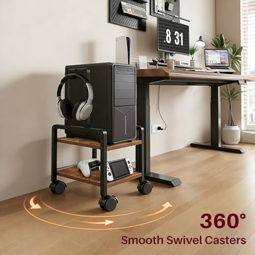 Adjustable 2-Tier PC Stand, Computer Tower Stand with 360° Locking Wheels & Hooks, CPU Cart for Floor, Carpet and Under Desk, 15.2" x 11.8" x 26", Rustic Brown - color: Rustic Brown