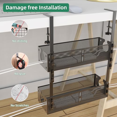 Multi-Model Under Desk Cable Management 2 Pack Metal Under Desk Wire Management Tray Clamp Mount Under Table Cord Management No Damage The Desk