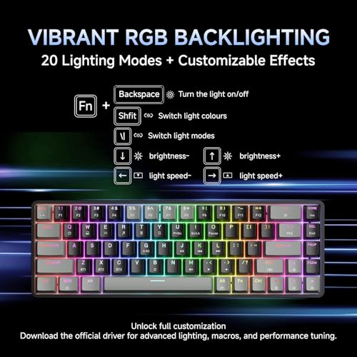 DIERYA DK68 60% Wireless Mechanical Gaming Keyboard, 3-Mode, Bluetooth 5.0/2.4G/USB-C, RGB Backlit, 68-Key Compact Mini for Windows, Mac, Linux - Clicky Blue Switch - Grey/Black - color: Grey Black/Blue Switch