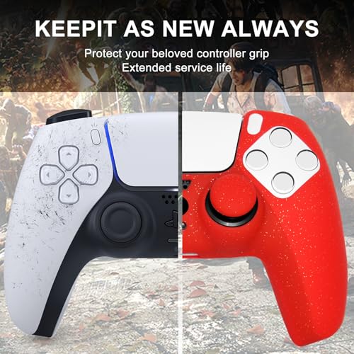 Red Glitter Silicone Protective Case for PS5 Controller, Sparkly Bling Soft Cover Skins, Includes 8-in-1 Glitter Thumb Grip Caps + 2 Cat Paw Caps – Shockproof Dustproof Anti-Slip - color: Red