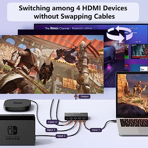 HDMI Switch 4 in 1 Out 8K 120Hz 4K HDMI 2.1 Switcher/Splitter 4 in 1 Out with Remote, 4 Port Hub for Gaming PS5 Xbox TV Monitor - Ultra HD HDR 1080P 3D