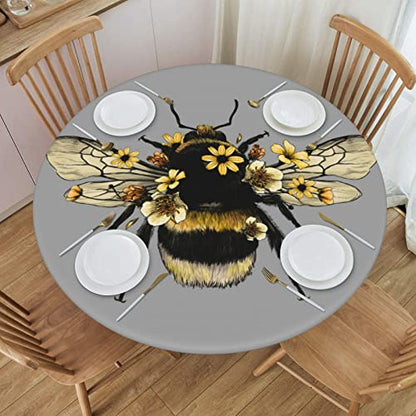 Famame Cute Flowers Bee Fitted Round Tablecloth Waterproof Table Cloth with Elastic Edge Wipe Clean Table Covers for Indoor Outdoor Fits 45"-50", Medium - color: Bee