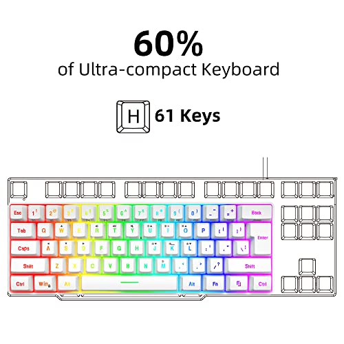 Snpurdiri 60% Wired Gaming Keyboard, 61 Keys RGB Backlit Wrist Rest Ultra-Compact Mini Waterproof Keyboard for PC Computer Gamer (White) | Backlit Ultra-Compact Mini Gaming Keyboard for PC Computer Gamer - color: White