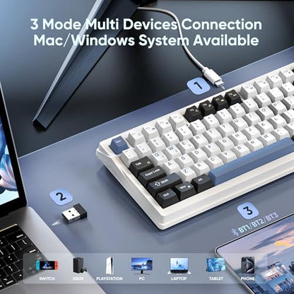 RedThunder K95 Wireless Mechanical Keyboard, TFT Screen & Knob, Tri-Mode BT5.0/2.4GHz/USB-C Hot Swappable Custom, Pre-lubed Linear Switches, Gasket Structure, RGB Gaming Keyboard, Snowy White-Blue - color: Snowy White-Blue