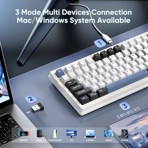 RedThunder K95 Wireless Mechanical Keyboard, TFT Screen & Knob, Tri-Mode BT5.0/2.4GHz/USB-C Hot Swappable Custom, Pre-lubed Linear Switches, Gasket Structure, RGB Gaming Keyboard, Snowy White-Blue - color: Snowy White-Blue