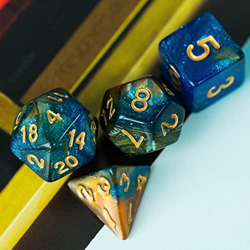 7-Die DND Dice Set Polyhedral Dice Set with a Leather Dice Bag, D&D Dice Set for RPG Table Games (Blue Yellow/Glitter) - color: Blue Yellow/Glitter