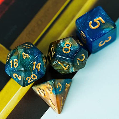 7-Die DND Dice Set Polyhedral Dice Set with a Leather Dice Bag, D&D Dice Set for RPG Table Games (Blue Yellow/Glitter) - color: Blue Yellow/Glitter