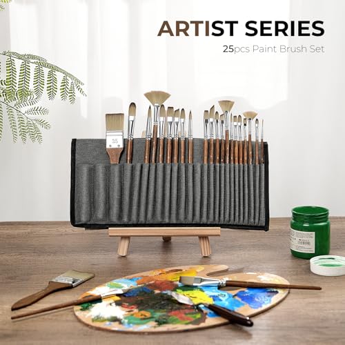 Fuumuui 25pcs Paint Brush Set, Professional 9 Shapes with Wide Flat, Filbert, Fan, Dagger, Cat Tongue, Round, Angle, Rigger for Acrylic Oil Watercolor | Includes Palette Knife & Waterproof Canvas Roll - color: Brown
