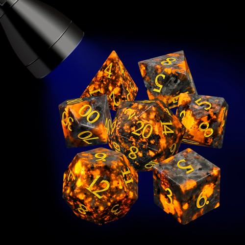 LUCKY-M Natural Flame Yooperlite Gemstone DND Dice, Birthday Gifts for Him, 7PCS Dungeons and Dragons Dice Set with Case for RPG, Handmade Cool Dice Sets D&D - color: Yooperlite Gemstone