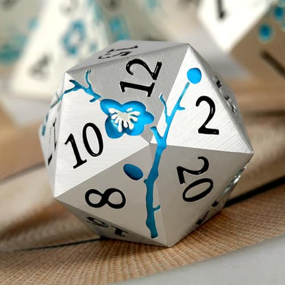 Glow in the Dark Flower Metal Dice, DNDND 7 PCS Blue Metallic D&D Dice Set with Gorgeous Gift Case for Dungeons and Dragon Tabletop Game (Glow in the Dark Blue) - color: Flower Glow Blue