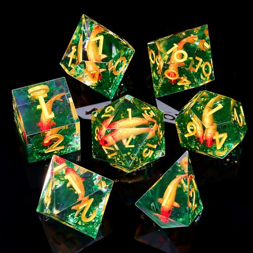 Moss and Koi Fish DND Dice Set - 7Pcs Sharp Edge Resin Polyhedral Game Dice for D&D RPG - Includes D20, D12, D10, D8, D6, D4 - Moss Agate Fish Design(Gold) - color: Gold