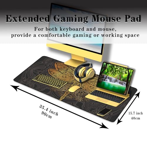 Gaming Desk Mats Gold, Desk Mouse Pad Extra Large Mouse Pads, Pad for Mouse Non-Slip Rubber Base Waterproof with Stitched Edges, 35.4 X 15.7 inch for Work/Game/Office/Home Dragonfly Mandala - color: Dragonfly Mandala