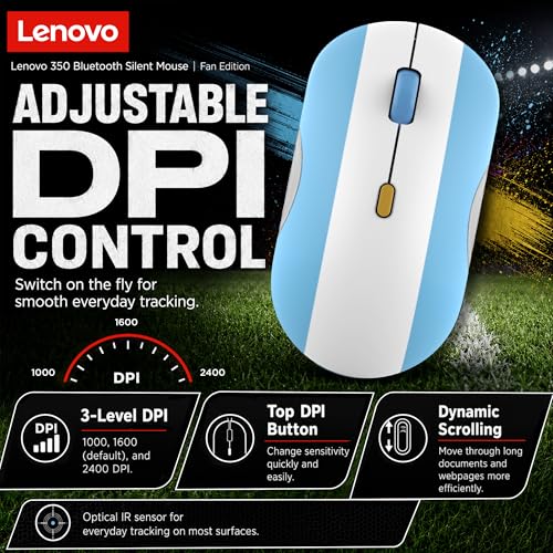 Lenovo 350 Bluetooth Silent Mouse (Fan Edition), Wireless Ergonomic Ambidextrous Design, Bluetooth 5.3, Adjustable DPI up to 2400, 36 Month Battery Life, Recycled Materials, Argentina Flag - color: Argentina Flag