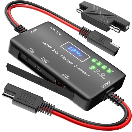 SUNAPEX 10A MPPT Solar Charge Controller 12V for LiFePO4 AGM Gel Batteries | Includes SAE Adapter | Type-C & USB Output | LCD Voltage & Current Display | LED Charging Status | Smart Battery Protection - style: 10A MPPT SAE