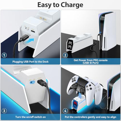 PS 5 Controller Charger Station Compatible with Play 5 Faceplates Edge & Dual Controller, PS 5 Accessories Charging Station, PS 5 Charging Dock Stand with LED Indicators for PlayStation Consoles - color: White