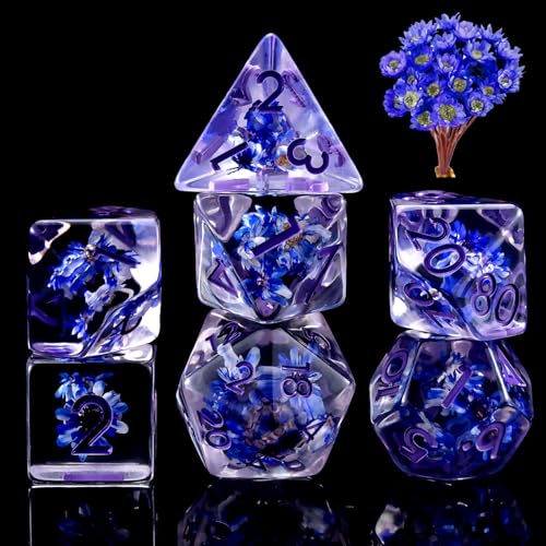 D&D Flower Resin Dice Set, Polyhedral DND D and D Dice Inclusion Dice for Dungeons and Dragons MTG RPG for Ages 15 and Up-Purple - color: Flower-purple