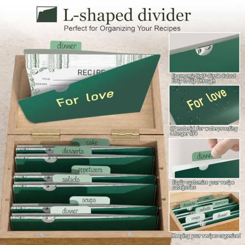 Wooden Recipe Box Set with 50 Cards and 12 Dividers, Solid Pine | Holds 300+ 3x5 and 4x6 recipe cards; 2 removable wood dividers organize recipes for cooking, family keepsakes and gifting - color: Walnut Brown