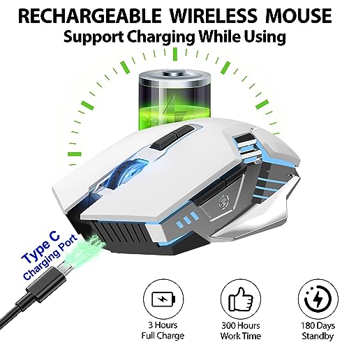 Bluetooth Wireless Gaming Mouse, RGB Rechargeable USB Wireless Mouse, Quiet Click, LED Backlit, Ergonomic, with Side Button, DPI Adjustable Computer Mice for Laptop PC MacBook Chromebook - White - color: white