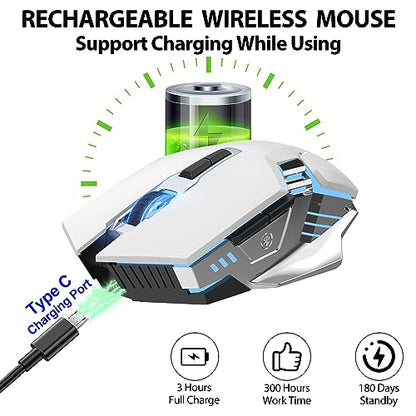 Bluetooth Wireless Gaming Mouse, RGB Rechargeable USB Wireless Mouse, Quiet Click, LED Backlit, Ergonomic, with Side Button, DPI Adjustable Computer Mice for Laptop PC MacBook Chromebook - White - color: white