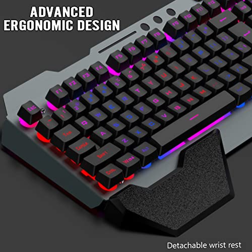Wireless Gaming Keyboard and Mouse Combo,Rainbow LED Backlit Keyboard with Rechargeable 3800mAh Battery Metal Panel,Removable Wrist Rest Mechanical Feel and 7 Color Mute Gaming Mice for PC PS4 PS5 - color: Black LED Mix