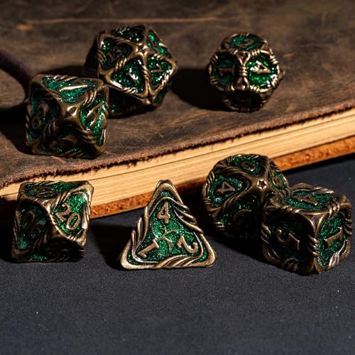 7-Die Metal DND Dice Set Role Playing Dice for RPG Table Games | Vine Design PU Leather Pouch for Dungeons and Dragons - color: Vine-bronze Green